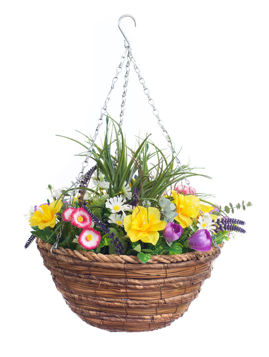 Best Artificial Mixed Daffodil, Daisy and Tulip Flower Display in 14 inch Hanging Basket (Suitable for Outdoor, Indoor Use)