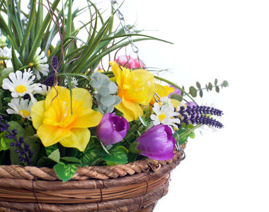 Best Artificial Mixed Daffodil, Daisy and Tulip Flower Display in 14 inch Hanging Basket (Suitable for Outdoor, Indoor Use)