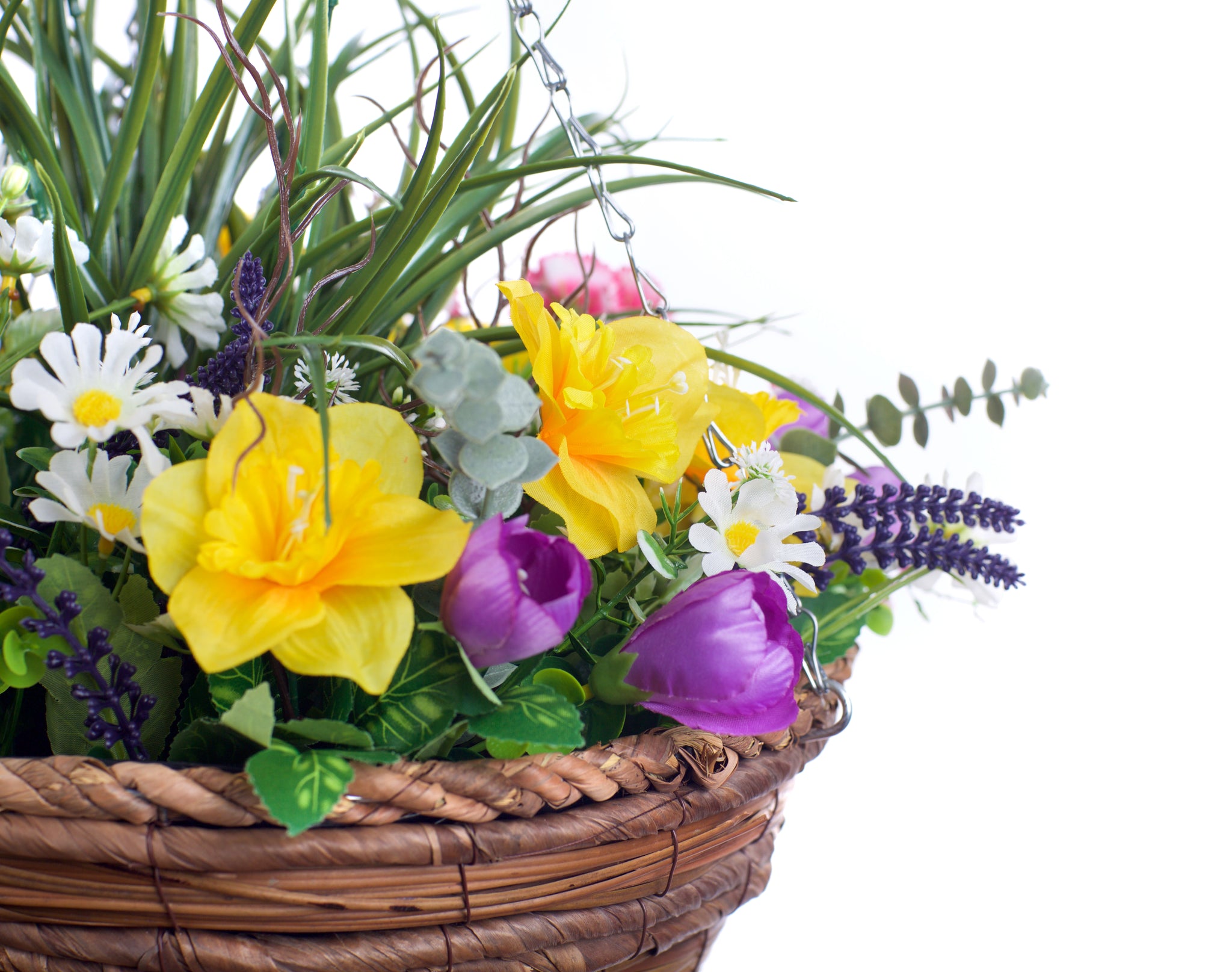 Best Artificial Mixed Daffodil, Daisy and Tulip Flower Display in 14 inch Hanging Basket (Suitable for Outdoor, Indoor Use)