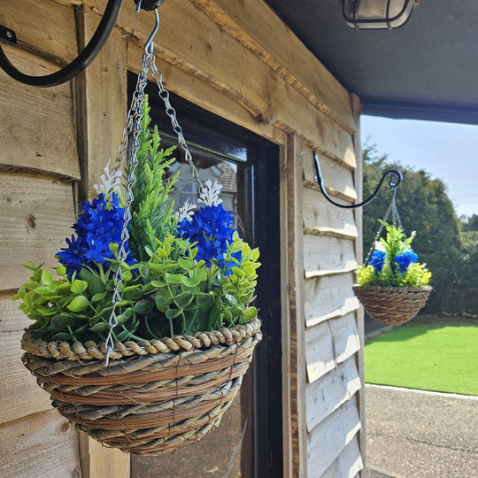 Pair Of Best Artificial Blue Hyacinth displays in 10 Inch Woven Round Hanging Baskets - Suitable for Outdoor Use