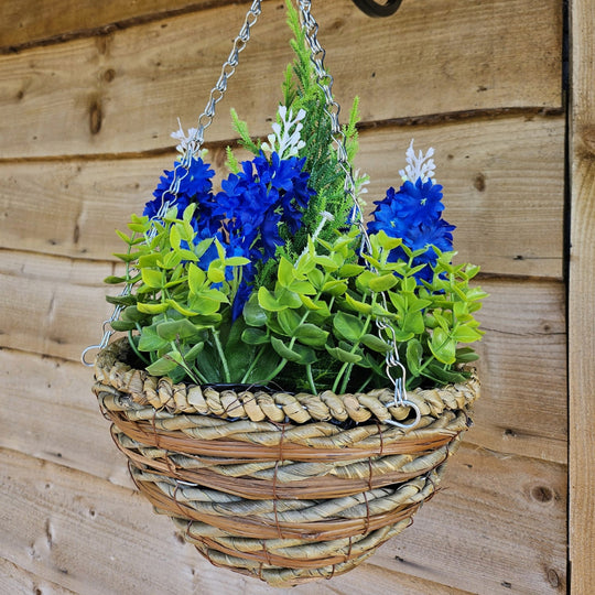Pair Of Best Artificial Blue Hyacinth displays in 10 Inch Woven Round Hanging Baskets - Suitable for Outdoor Use