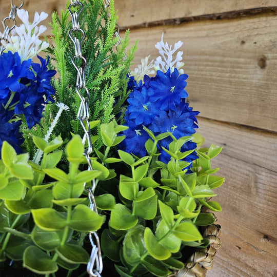 Pair Of Best Artificial Blue Hyacinth displays in 10 Inch Woven Round Hanging Baskets - Suitable for Outdoor Use