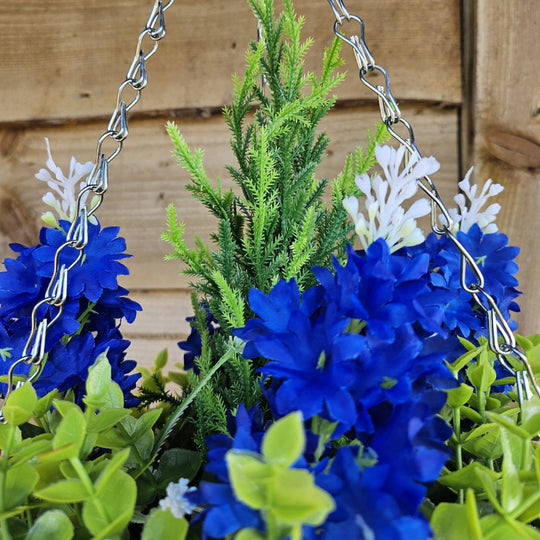 Pair Of Best Artificial Blue Hyacinth displays in 10 Inch Woven Round Hanging Baskets - Suitable for Outdoor Use
