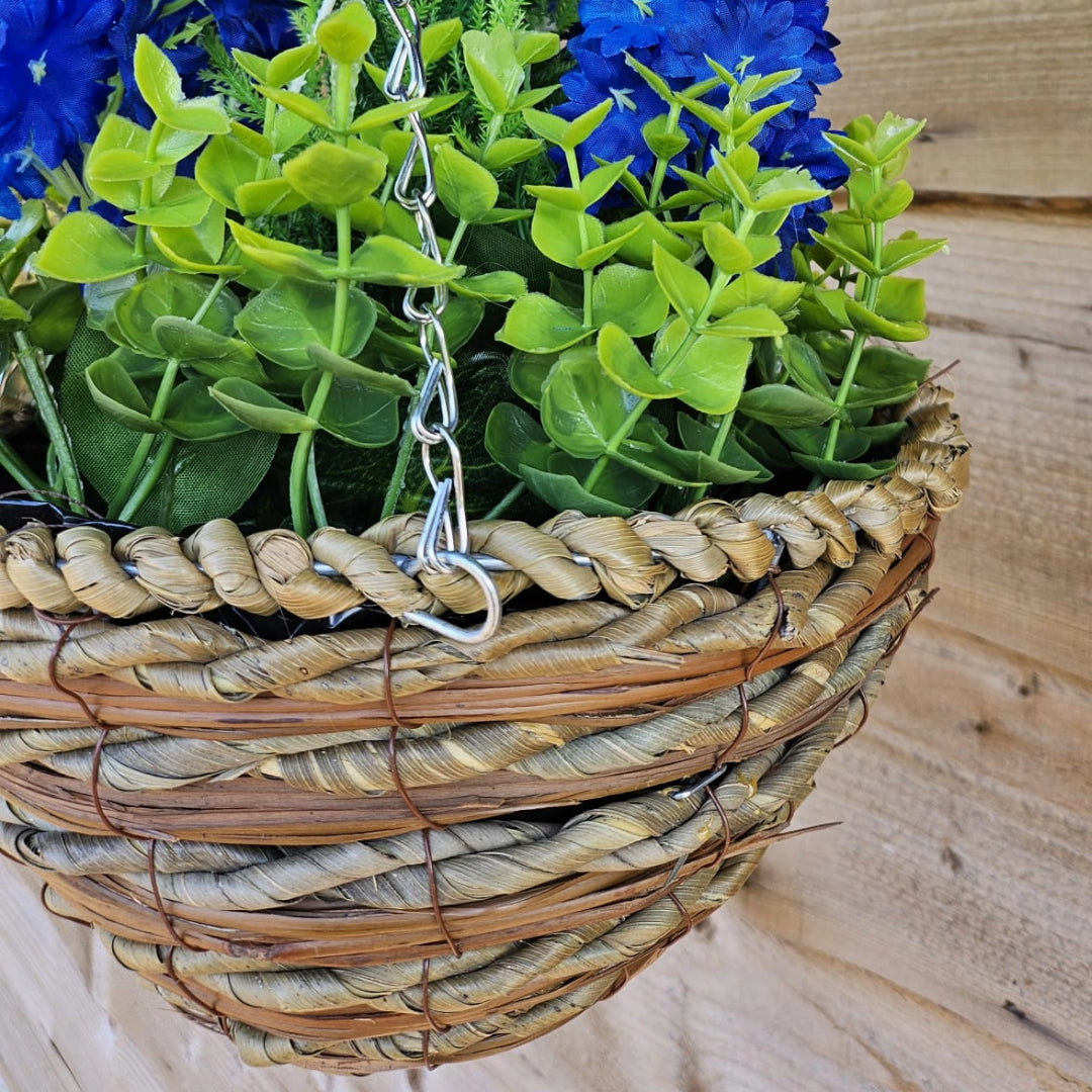 Pair Of Best Artificial Blue Hyacinth displays in 10 Inch Woven Round Hanging Baskets - Suitable for Outdoor Use