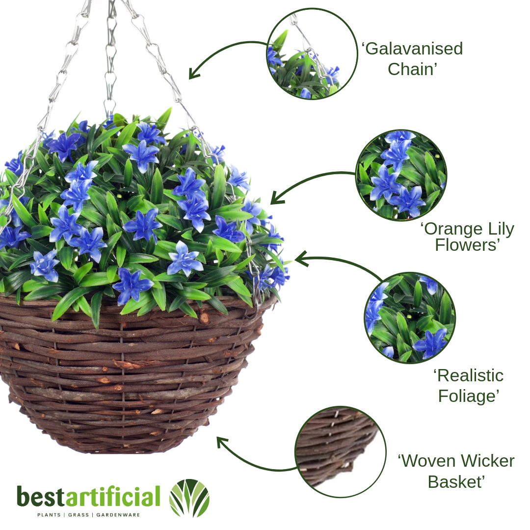 Best Artificial 23cm Lily Hanging Basket - Suitable for Outdoor Use - Weather Resistant (Blue)