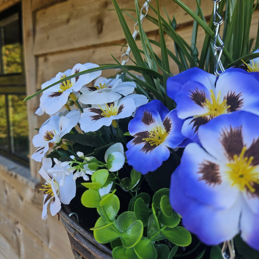 Best Artificial Blue & White Pansy and Geranium Display in 14 inch Round Wicker Hanging Basket - Suitable For Outdoors