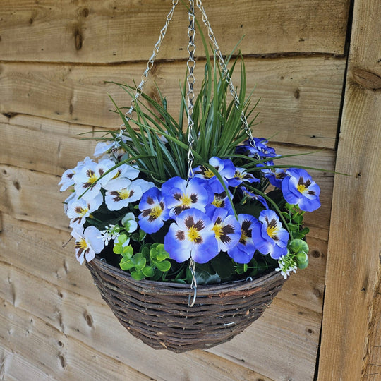 Best Artificial Blue & White Pansy and Geranium Display in 14 inch Round Wicker Hanging Basket - Suitable For Outdoors
