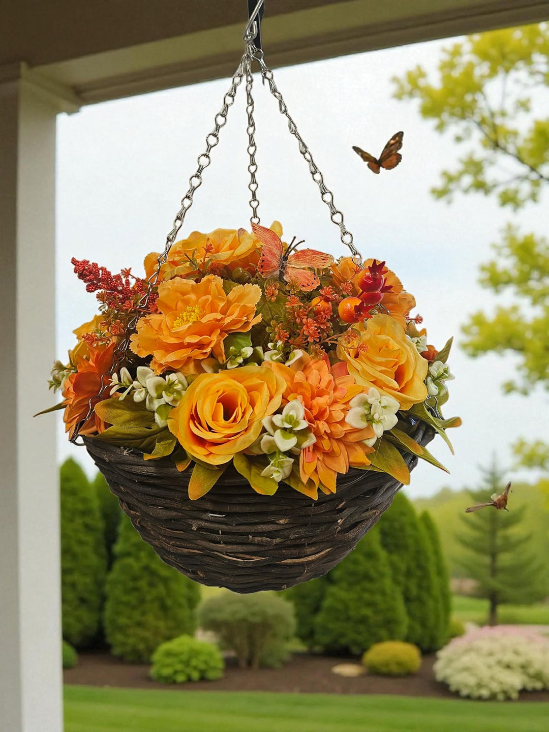 Pair of Best Artificial 14 Inch Autumn Flower Hanging Basket with Butterfly Detail, Wicker Arrangement with Hanging Chain for Porch, Patio, Balcony & Seasonal Décor