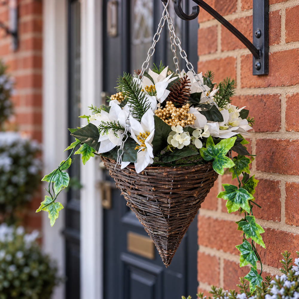 Best Artificial Pre-Lit 10 inch White Poinsettia Cone Hanging Christmas Basket - styled setting
