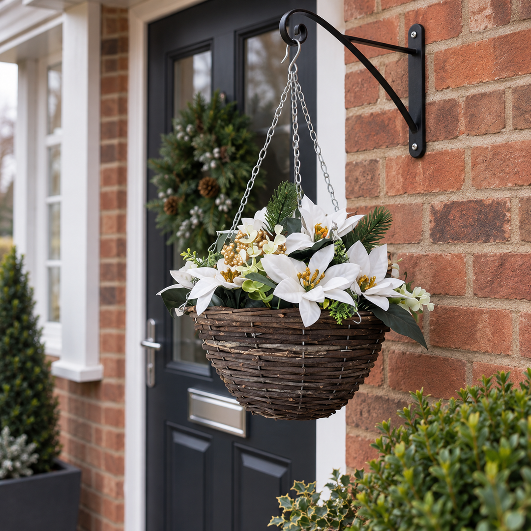 Pre-Lit White Poinsettia Hanging Basket - close-up