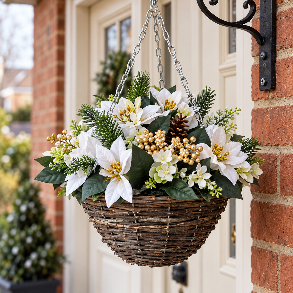Pre-Lit White Poinsettia Hanging Basket - size and scale view