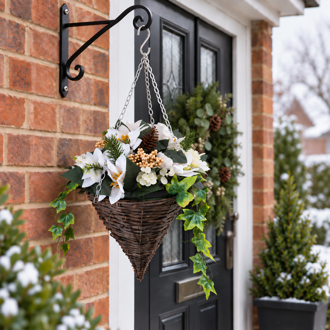 Best Artificial Pre-Lit 10 inch White Poinsettia Cone Hanging Christmas Basket - side view