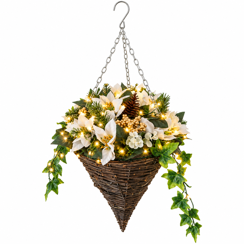 Best Artificial Pre-Lit 10 inch White Poinsettia Cone Hanging Christmas Basket - lifestyle display