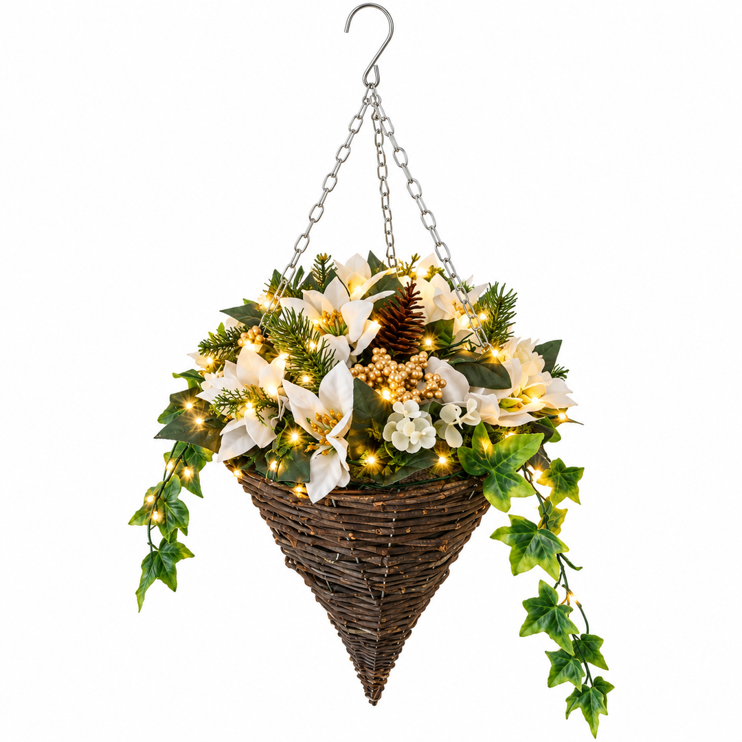 Best Artificial Pre-Lit 10 inch White Poinsettia Cone Hanging Christmas Basket - lifestyle display