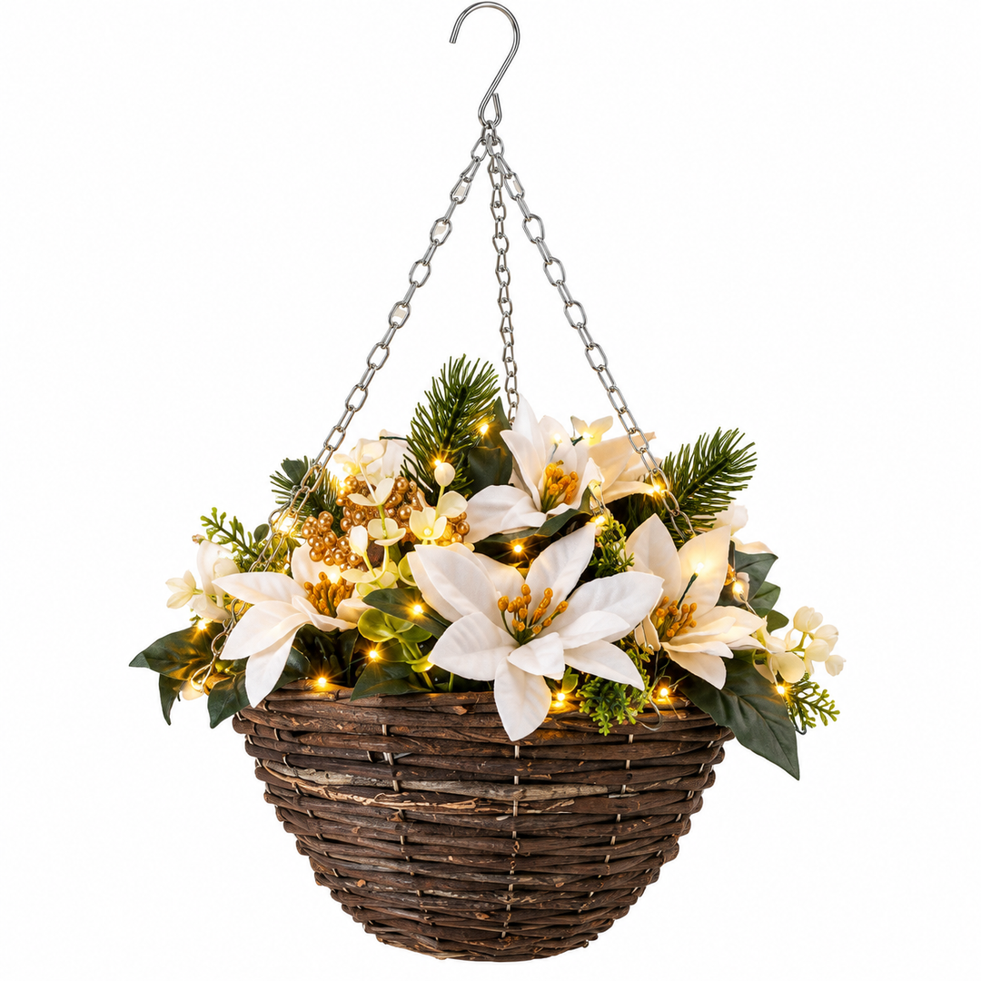 Pre-Lit White Poinsettia Hanging Basket - lifestyle display