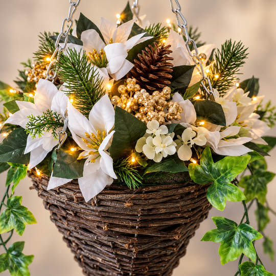 Best Artificial Pre-Lit 10 inch White Poinsettia Cone Hanging Christmas Basket - detail view