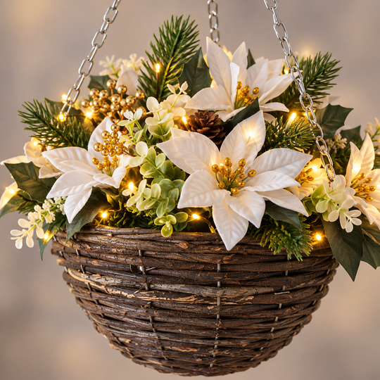 Pre-Lit White Poinsettia Hanging Basket - detail view