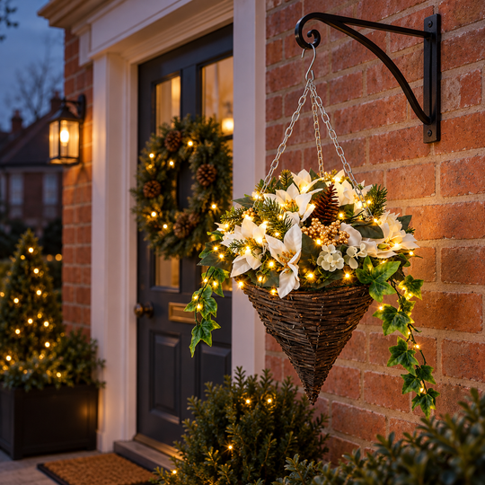 Best Artificial Pre-Lit 10 inch White Poinsettia Cone Hanging Christmas Basket - front view