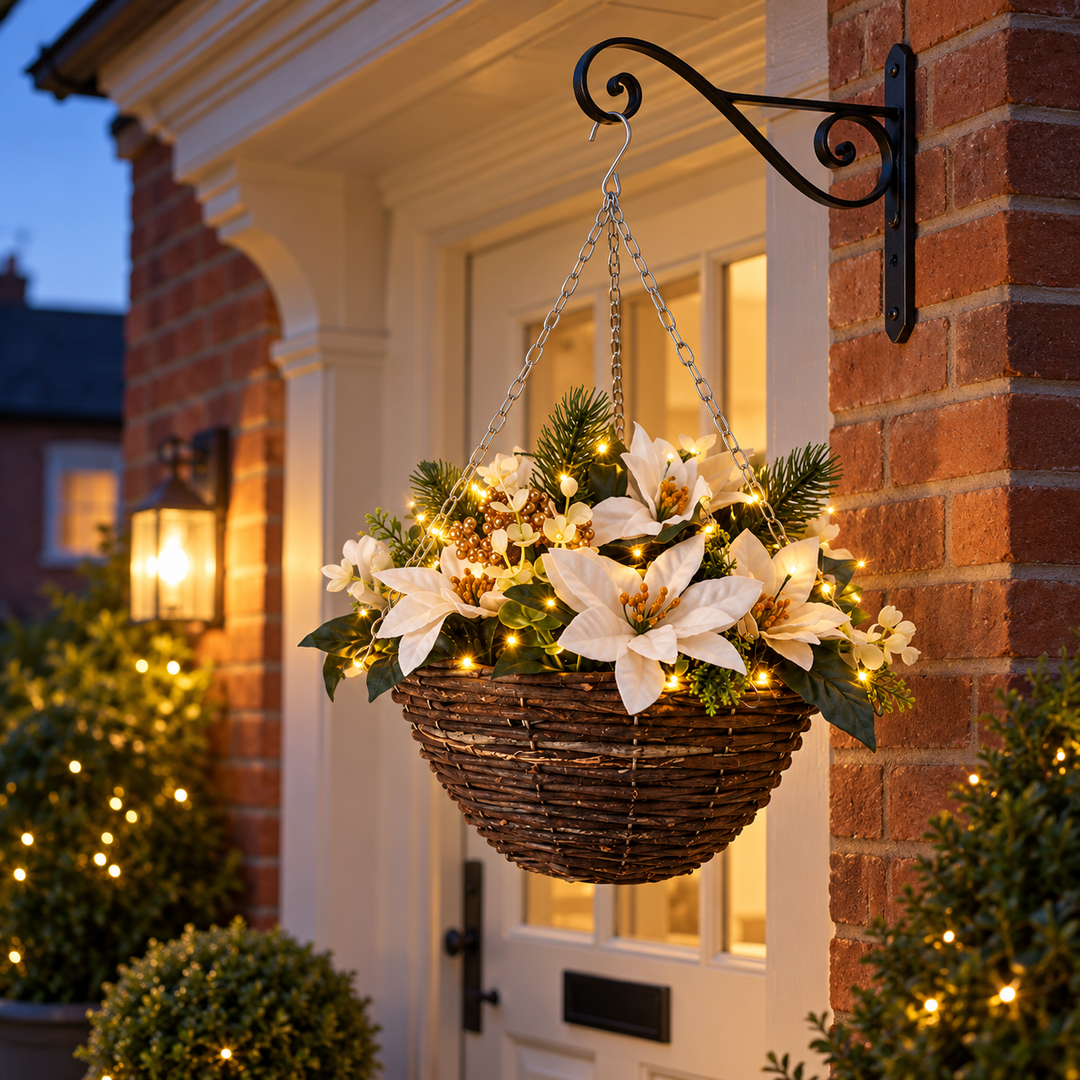 Pre-Lit White Poinsettia Hanging Basket - front view