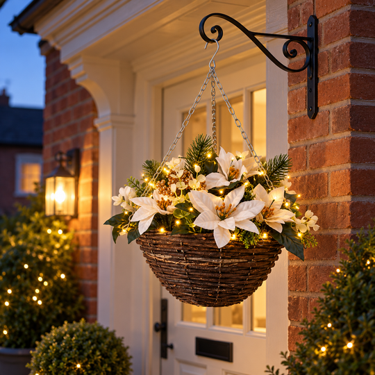 Pre-Lit White Poinsettia Hanging Basket - front view