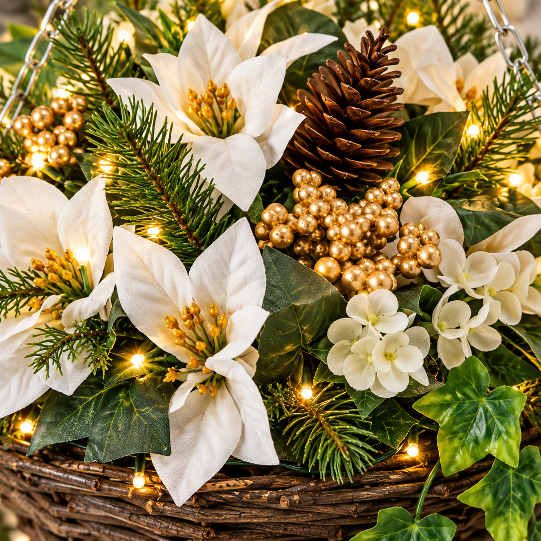 Pre-Lit White Poinsettia Hanging Basket - styled setting