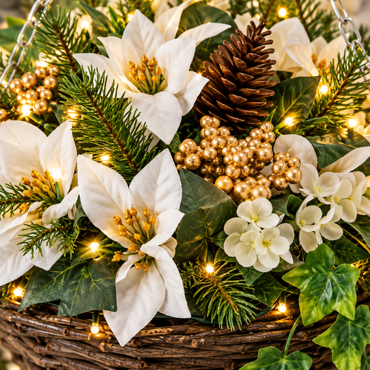 Pre-Lit White Poinsettia Hanging Basket - styled setting