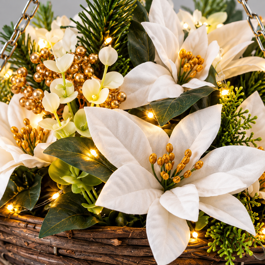 Pre-Lit White Poinsettia Hanging Basket - material detail