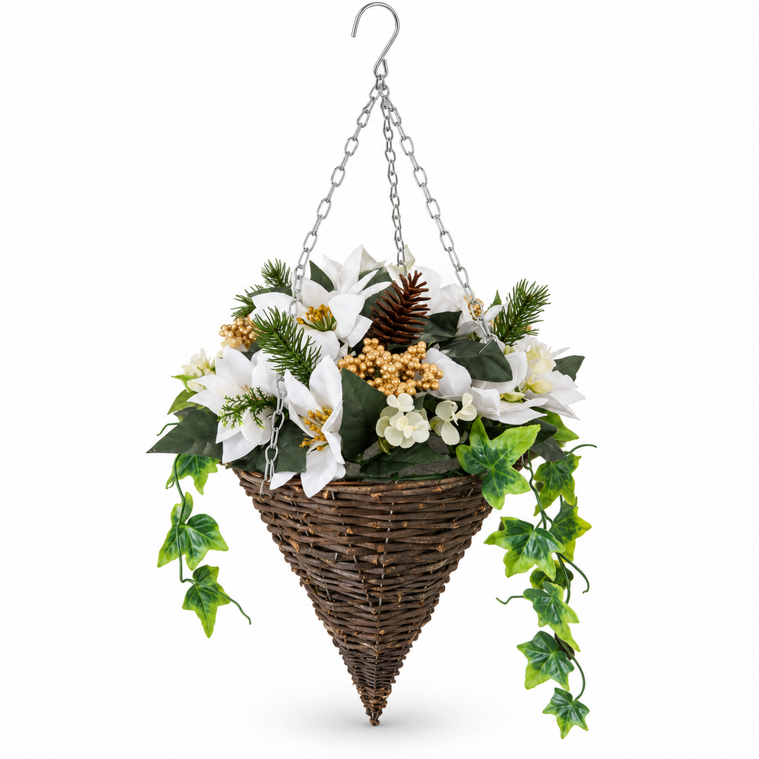 Best Artificial Pre-Lit 10 inch White Poinsettia Cone Hanging Christmas Basket - material detail