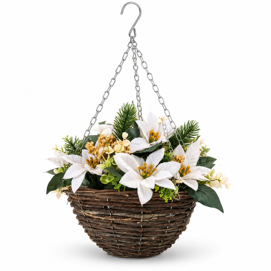 Pre-Lit White Poinsettia Hanging Basket - side view