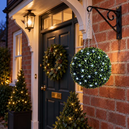 Best Artificial Pre-Lit 28cm Green Boxwood Topiary Ball - front view