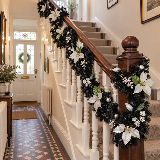 Best Artificial 6ft-9ft-12ft Black & Silver Decorated Christmas Garland - Optional Lights - front view