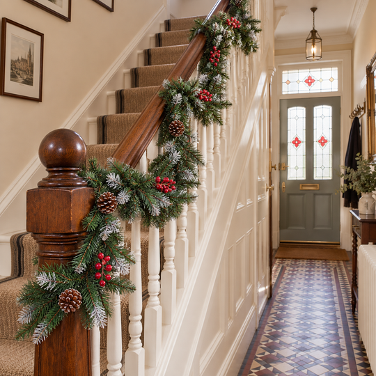Best Artificial 6ft-9ft-12ft Deluxe Frosted Christmas Garland with Pine Cones & Winter Red Berries - Optional Lights - front view