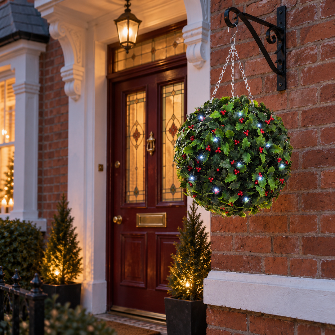 Best Artificial Pre Lit 28cm Christmas Holly Ball with Red Berries - front view