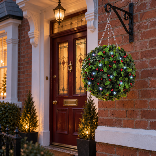 Best Artificial Pre Lit 28cm Christmas Holly Ball with Red Berries - front view