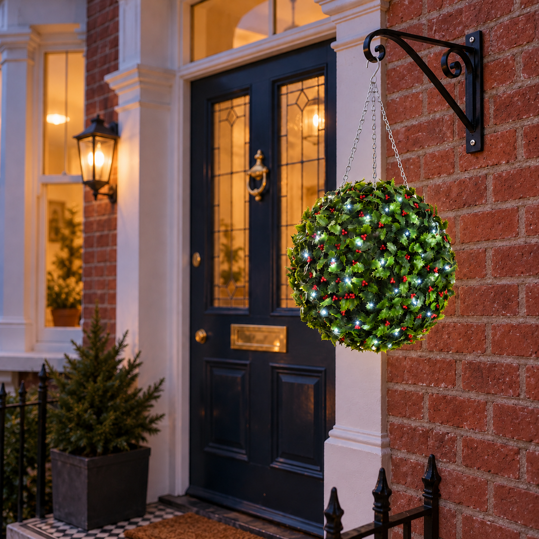 Best Artificial Pre Lit 38cm Christmas Holly Ball with Red Berries - front view