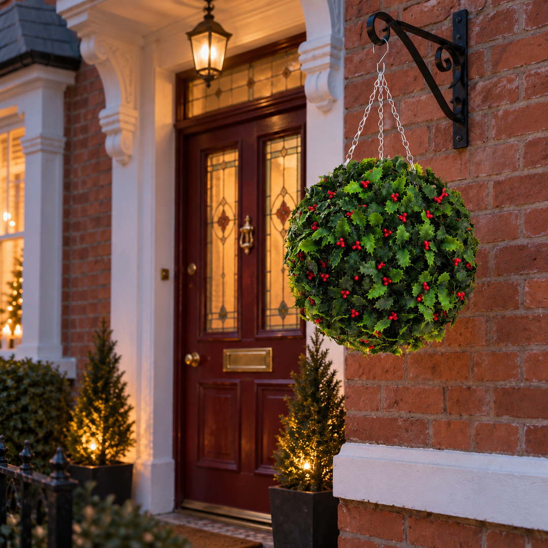 Best Artificial 28cm Christmas Holly Ball with Red Berries - front view