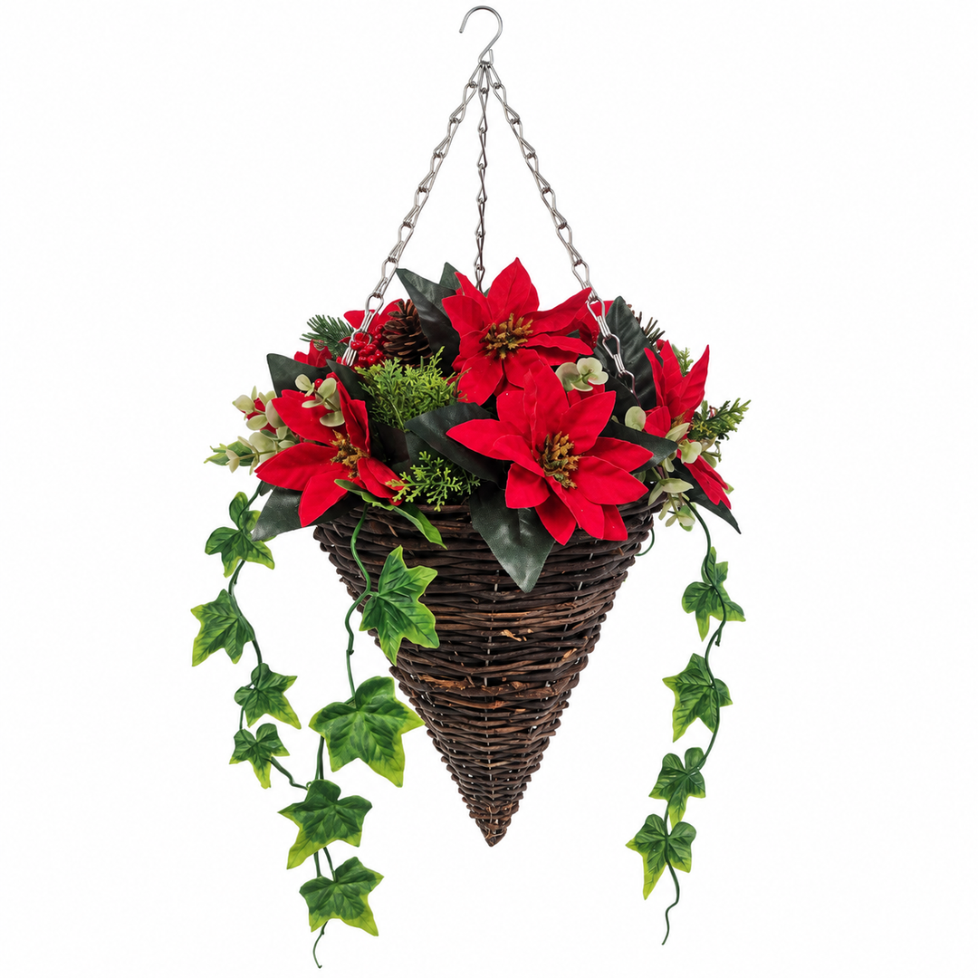 Best Artificial 10 inch Poinsettia Cone Hanging Christmas Basket - lifestyle display