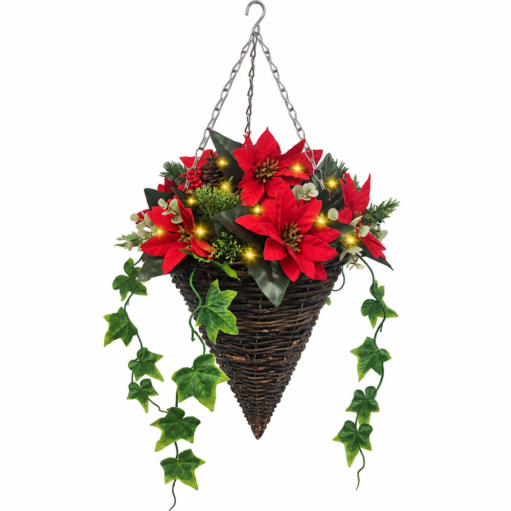 Best Artificial 10 inch Pre Lit Poinsettia Cone Hanging Christmas Basket - lifestyle display