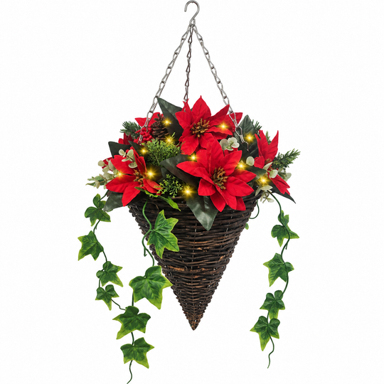 Best Artificial 10 inch Pre Lit Poinsettia Cone Hanging Christmas Basket - lifestyle display