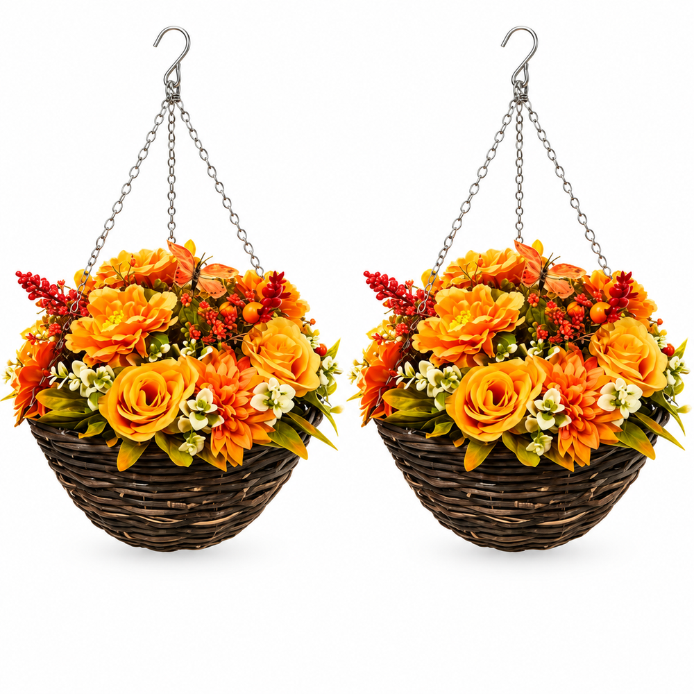 Pair of Best Artificial 14 Inch Autumn Flower Hanging Basket with Butterfly Detail, Wicker Arrangement with Hanging Chain for Porch, Patio, Balcony & Seasonal Décor - lifestyle display