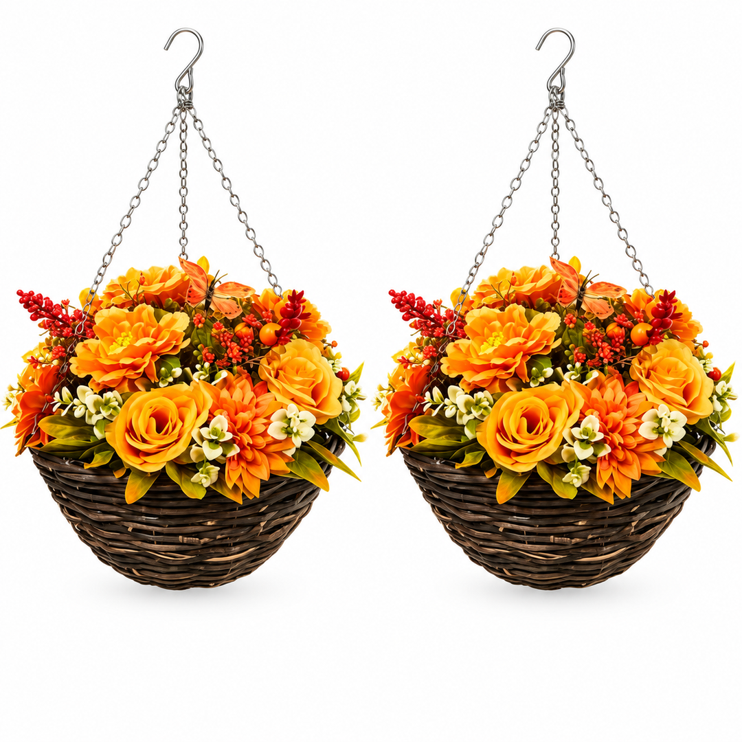 Pair of Best Artificial 14 Inch Autumn Flower Hanging Basket with Butterfly Detail, Wicker Arrangement with Hanging Chain for Porch, Patio, Balcony & Seasonal Décor - lifestyle display
