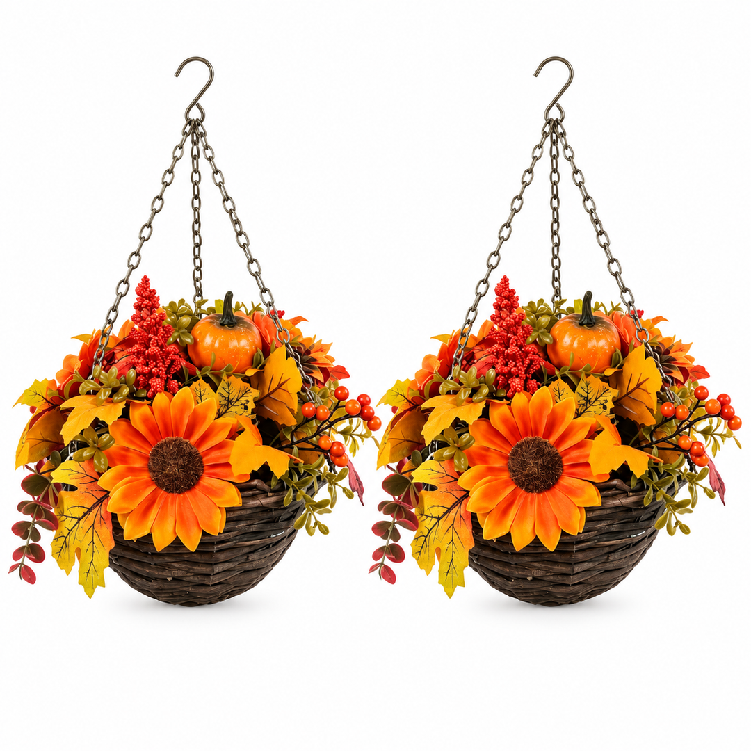 Pair Of Best Artificial 10 Inch / 25cm Autumn Flower Hanging Basket with Pumpkins and Acorns - lifestyle display