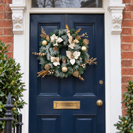 Best Artificial 60cm Frosted Red or Gold Outdoor Christmas Wreath - styled setting
