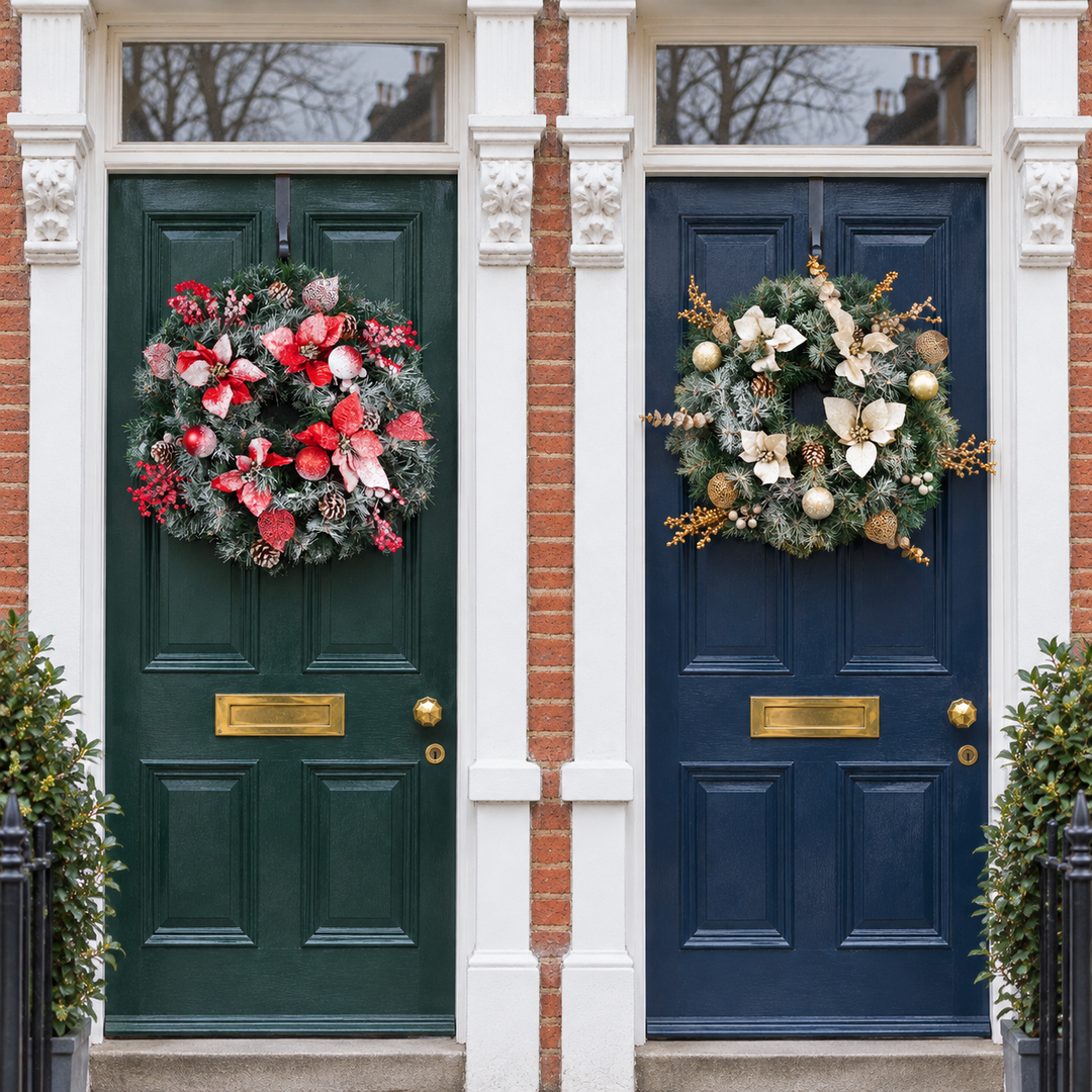 Best Artificial Christmas 60cm Frosted Gold or Red Decorated Wreath with lights - front view