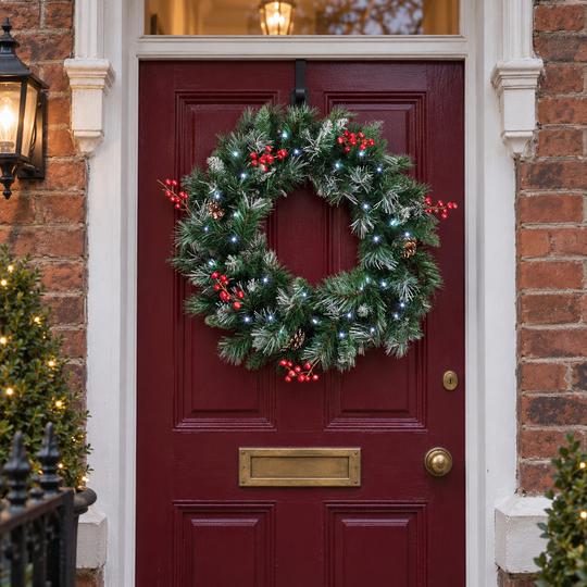 Best Artificial Deluxe Frosted Christmas Wreath with Pine Cones & Winter Red Berries with lights - front view