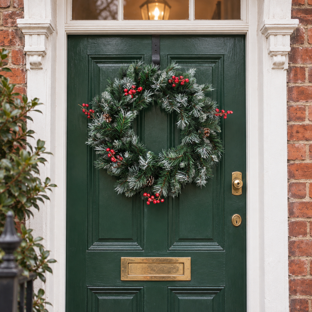 Best Artificial Deluxe Frosted Christmas Wreath with Pine Cones & Winter Red Berries - front view