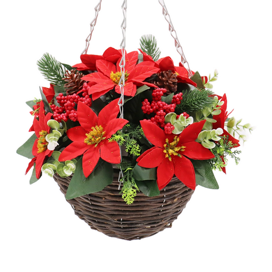 Artificial Red Poinsettia Hanging Basket