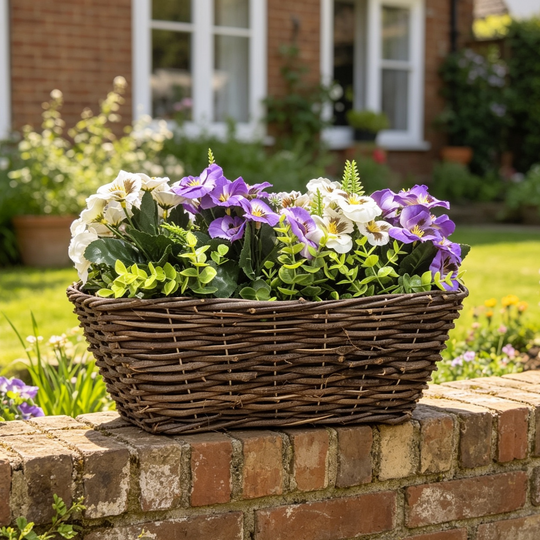 Best Artificial Pre-Made 40cm Pansy Flower Arrangement in Rattan Wicker Trough Pot - Suitable For Outside Use