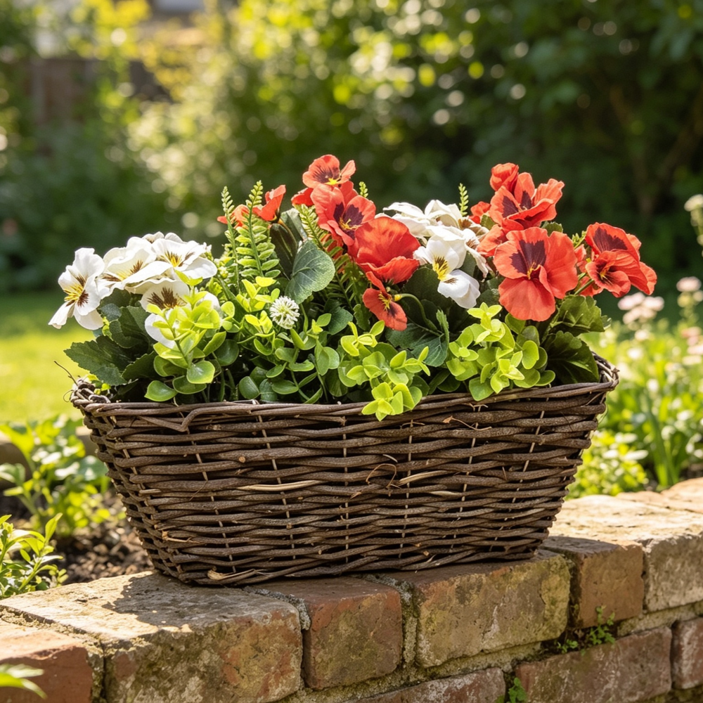 Best Artificial Pre-Made 40cm Pansy Flower Arrangement in Rattan Wicker Trough Pot - Suitable For Outside Use