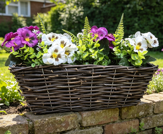 Best Artificial Pre-Made 40cm Pansy Flower Arrangement in Rattan Wicker Trough Pot - Suitable For Outside Use